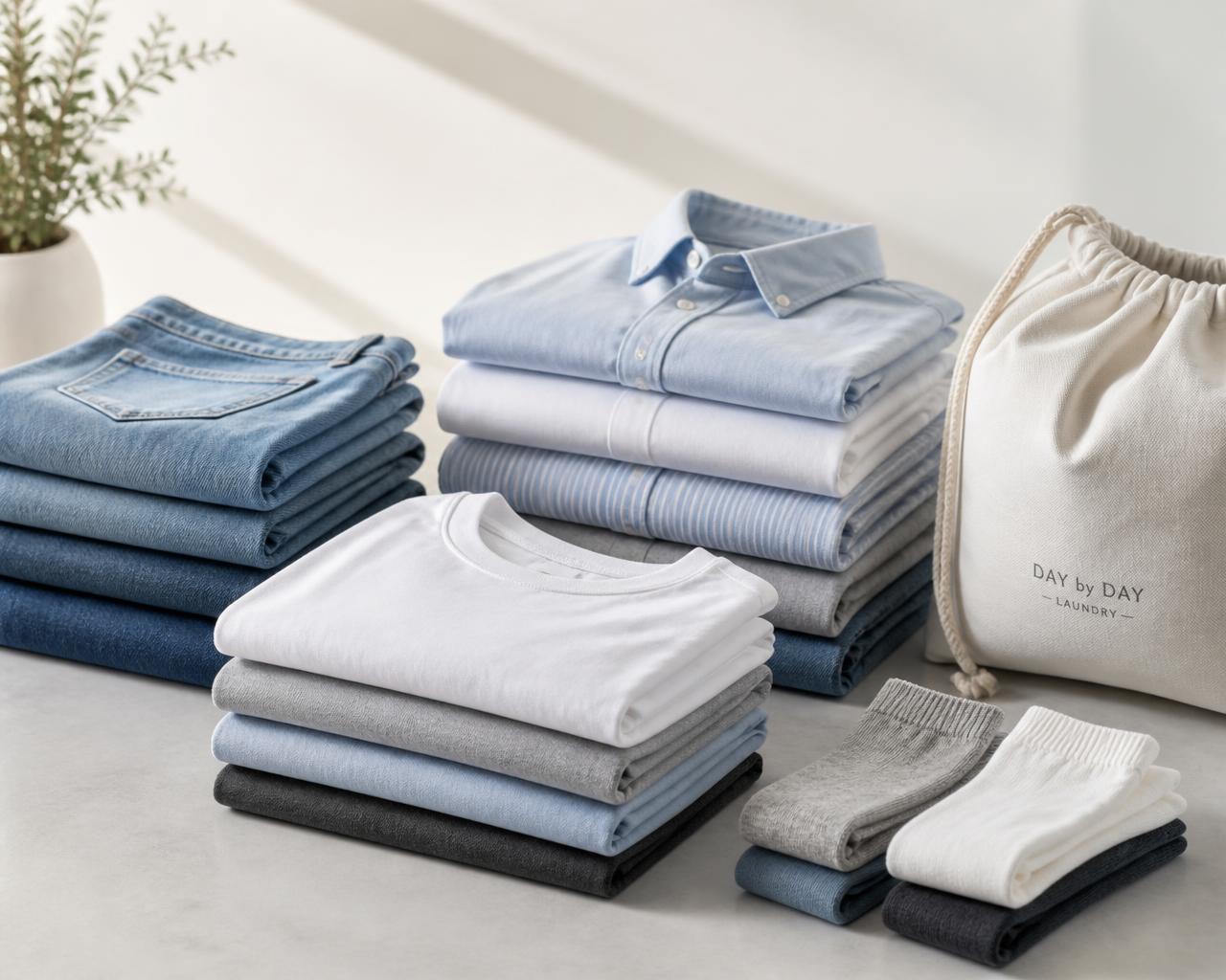 Neatly folded shirts, jeans and socks beside a linen laundry bag